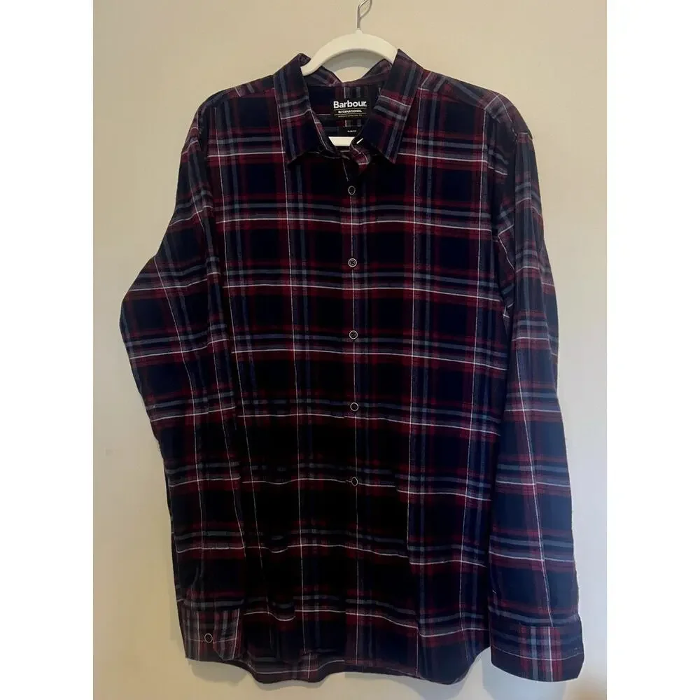 Barbour Plaid Lane Button Up Shirt Slim Fit Men's Size Large Navy Red